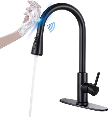 Matte Black Kitchen Faucet with Pull-Down Sprayer and Contemporary Style Brass Design