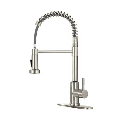 Deck Mounted Single Handle Pull-Down Kitchen Faucet in Brushed Nickel with Hole Cover