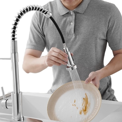 Deck Mounted Single Handle Pull-Down Kitchen Faucet in Brushed Nickel with Hole Cover
