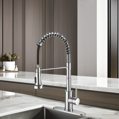 Deck Mounted Single Handle Pull-Down Kitchen Faucet in Brushed Nickel with Hole Cover