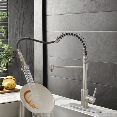 Deck Mounted Single Handle Pull-Down Kitchen Faucet in Brushed Nickel with Hole Cover