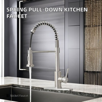 Deck Mounted Single Handle Pull-Down Kitchen Faucet in Brushed Nickel with Hole Cover