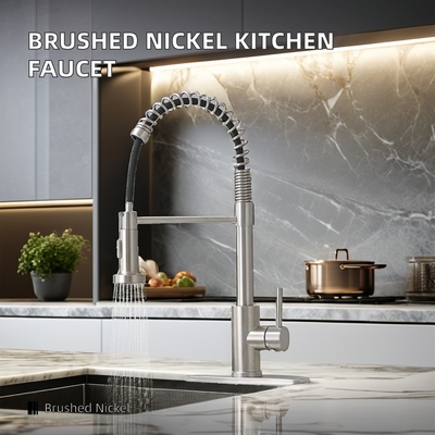 Deck Mounted Single Handle Pull-Down Kitchen Faucet in Brushed Nickel with Hole Cover